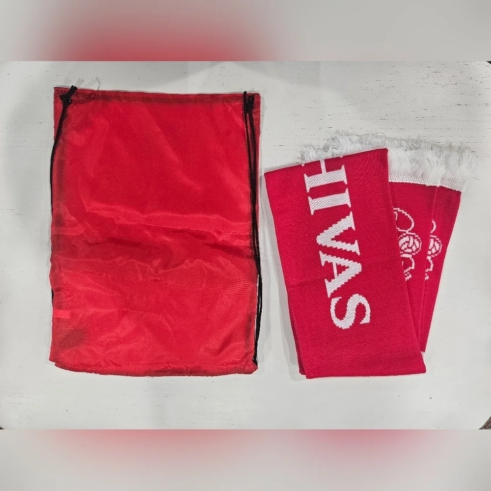 Manchester United Chivas Red Scarf and Chivas Gym Sack Drawstring Bag. New Set.